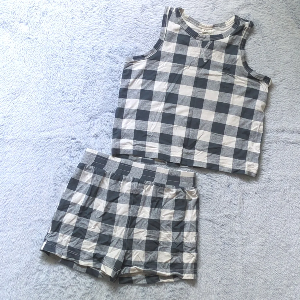 NWOT/EUC 2T Kate Quinn topstitch tank and short set slate blue gingham bamboo